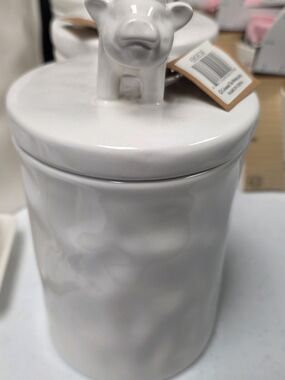 Ceramic White Canister with Cow Lid - Home Kitchen Food Storage 9.5 Inches Tall